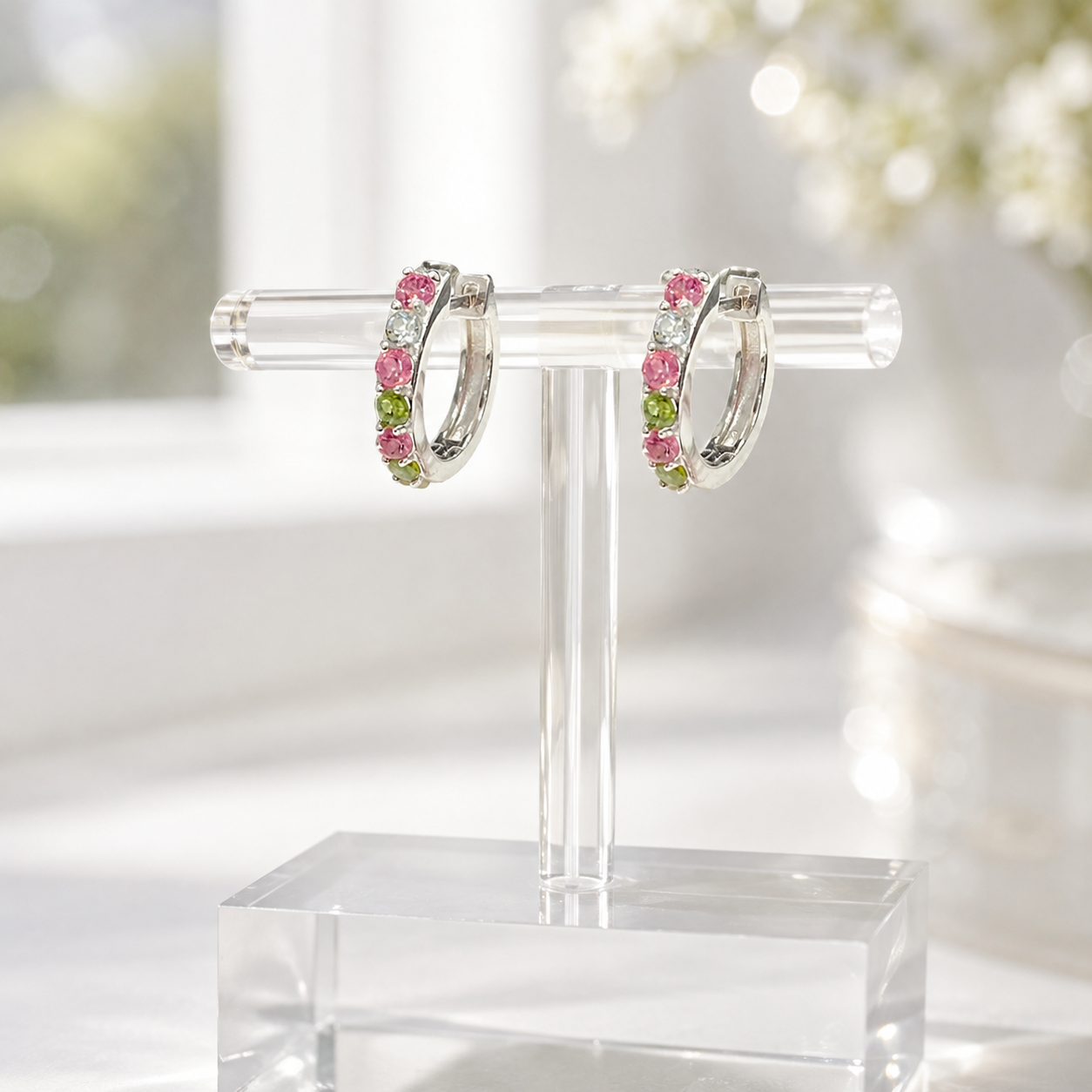 Natural Multicolor Tourmaline Huggie Hoop Earrings in 925 Sterling Silver, 2.5mm Gemstones