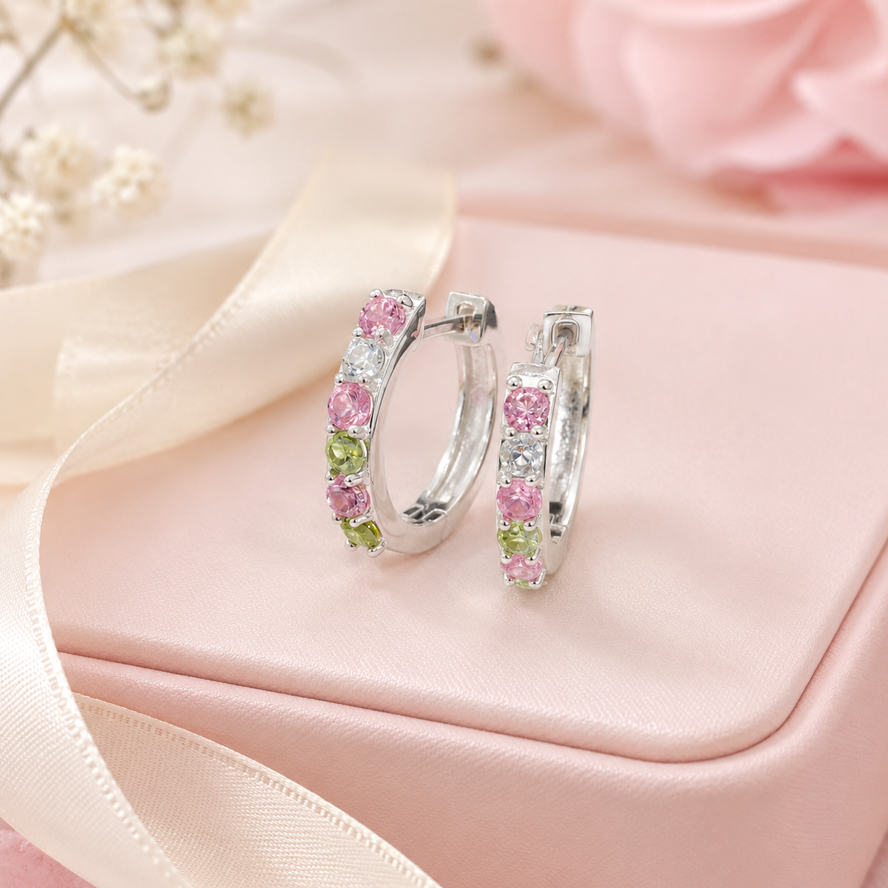 Natural Multicolor Tourmaline Huggie Hoop Earrings in 925 Sterling Silver, 2.5mm Gemstones