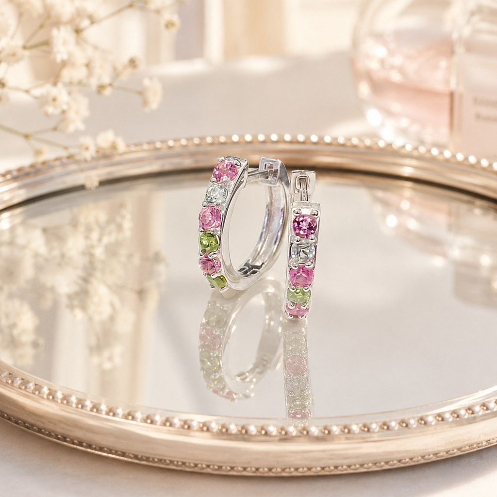 Natural Multicolor Tourmaline Huggie Hoop Earrings in 925 Sterling Silver, 2.5mm Gemstones