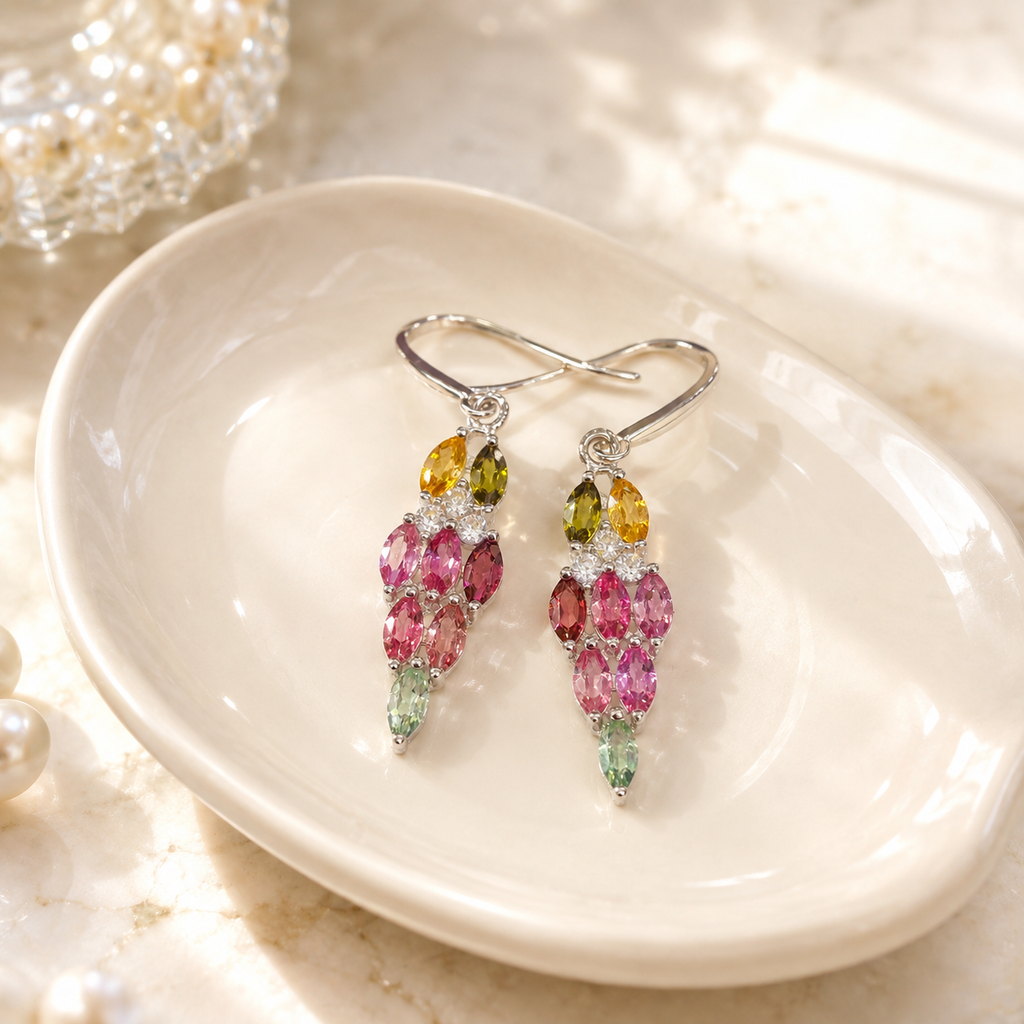 Natural Multicolor Tourmaline Drop Earrings in 925 Sterling Silver, 2.5x4.5mm Gemstones