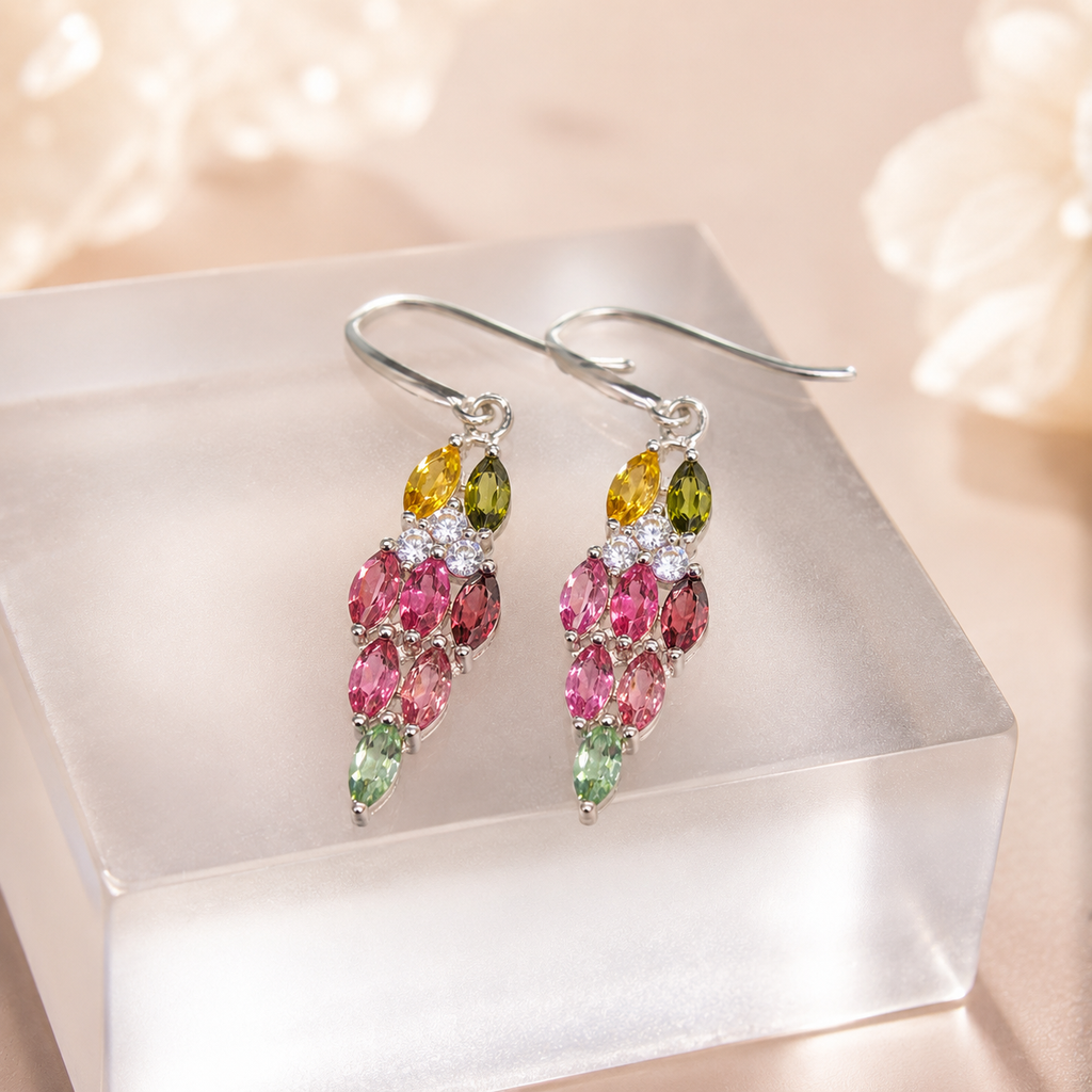 Natural Multicolor Tourmaline Drop Earrings in 925 Sterling Silver, 2.5x4.5mm Gemstones