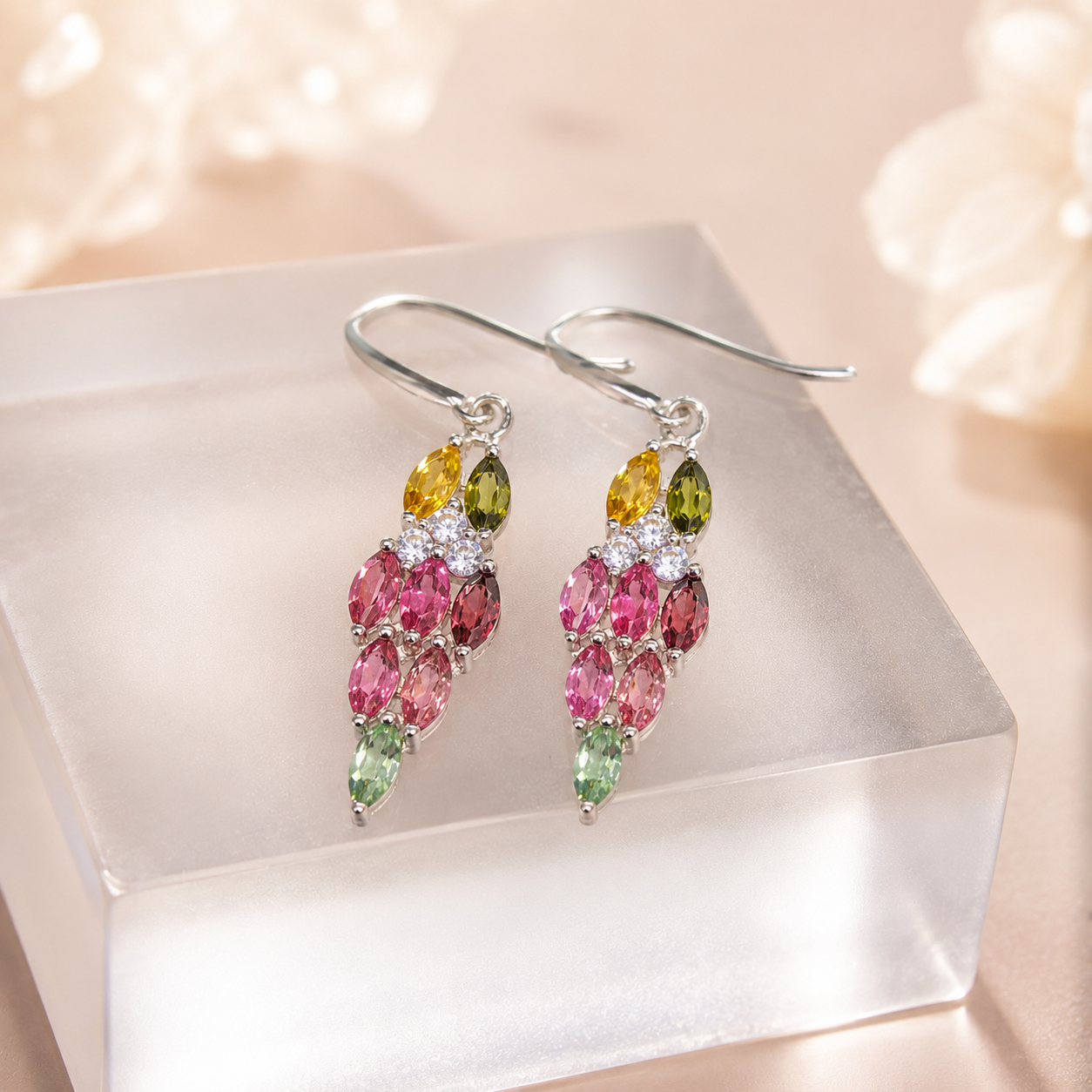 Natural Multicolor Tourmaline Drop Earrings in 925 Sterling Silver, 2.5x4.5mm Gemstones