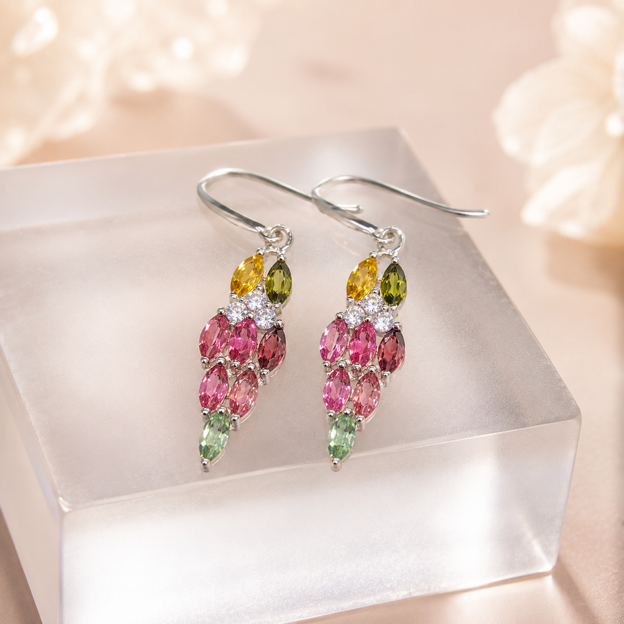 Natural Multicolor Tourmaline Drop Earrings in 925 Sterling Silver, 2.5x4.5mm Gemstones