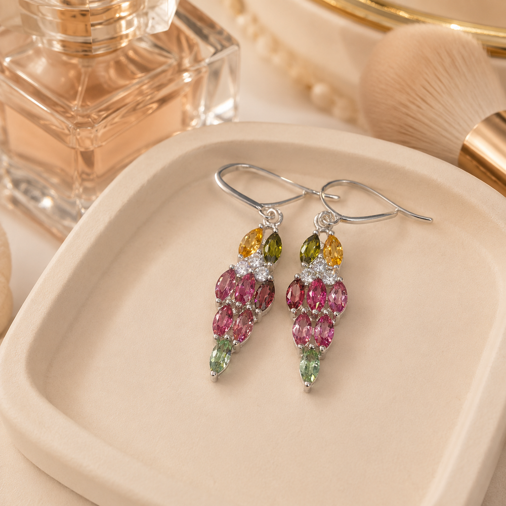 Natural Multicolor Tourmaline Drop Earrings in 925 Sterling Silver, 2.5x4.5mm Gemstones