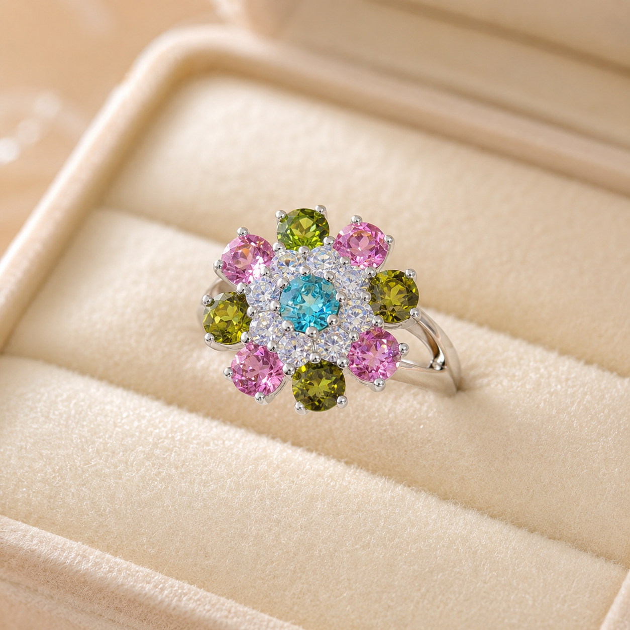 Natural Tourmaline Flower Ring in 925 Sterling Silver, 4mm Center Stone