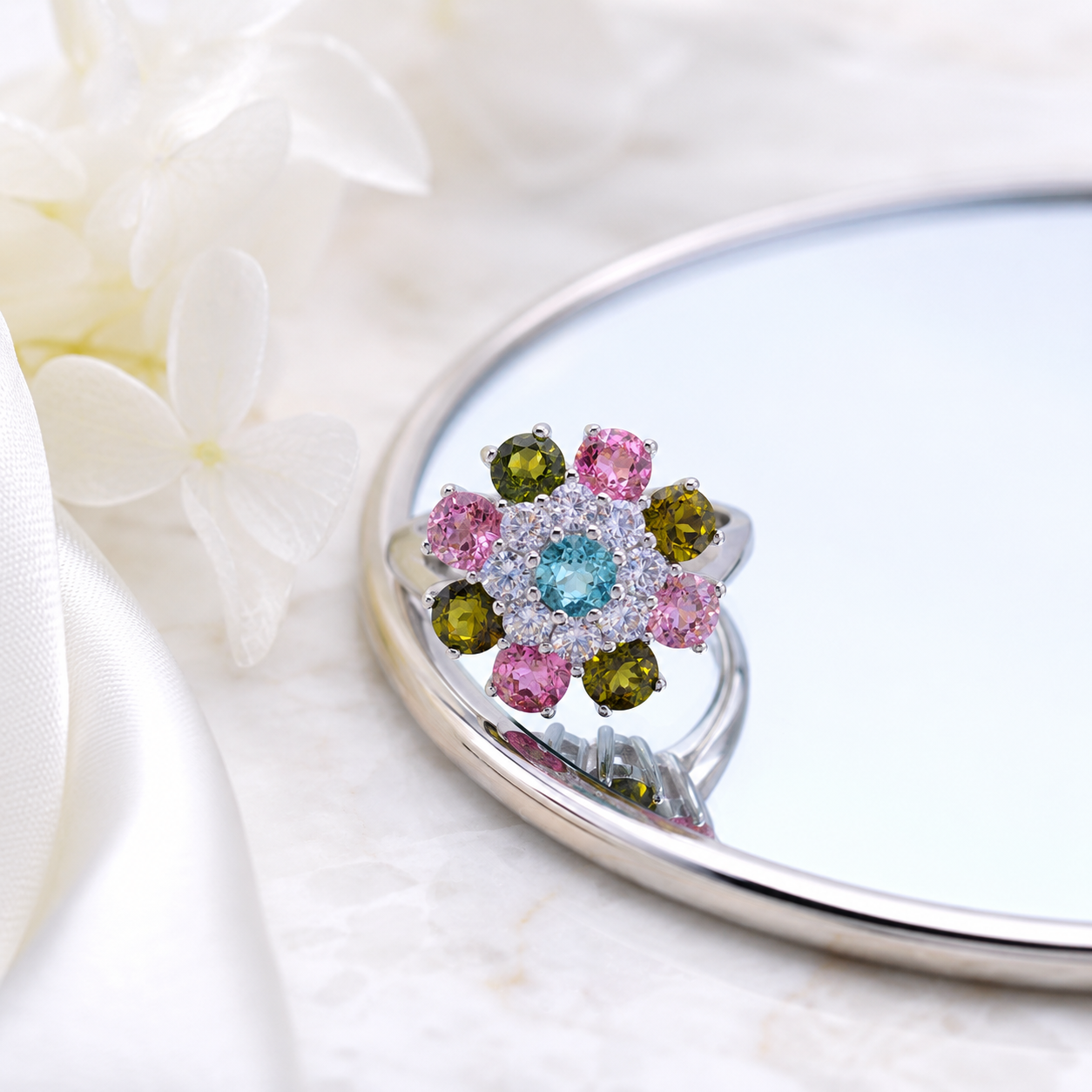 Natural Tourmaline Flower Ring in 925 Sterling Silver, 4mm Center Stone