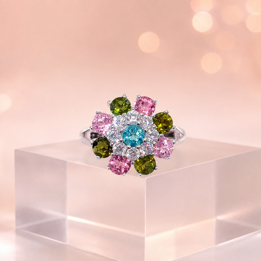 Natural Tourmaline Flower Ring in 925 Sterling Silver, 4mm Center Stone