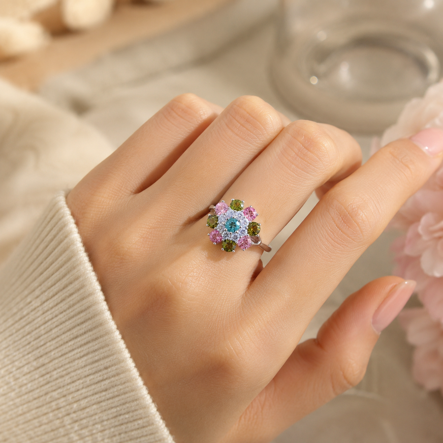 Natural Tourmaline Flower Ring in 925 Sterling Silver, 4mm Center Stone