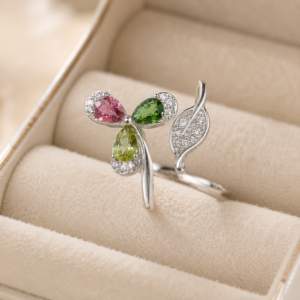 Natural Multicolor Tourmaline Three-Leaf Ring in 925 Sterling Silver, 3x4mm Gemstones