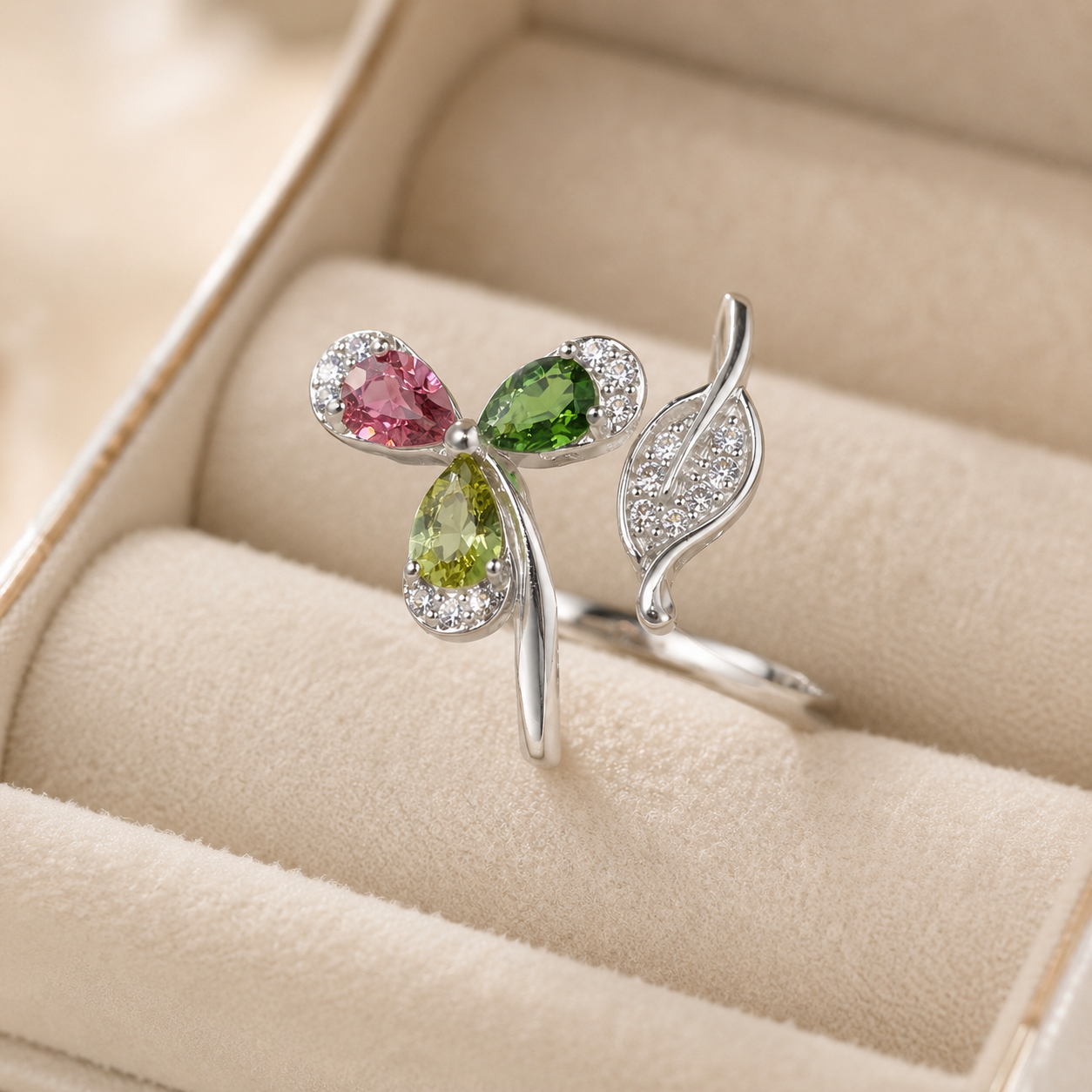 Natural Multicolor Tourmaline Three-Leaf Ring in 925 Sterling Silver, 3x4mm Gemstones