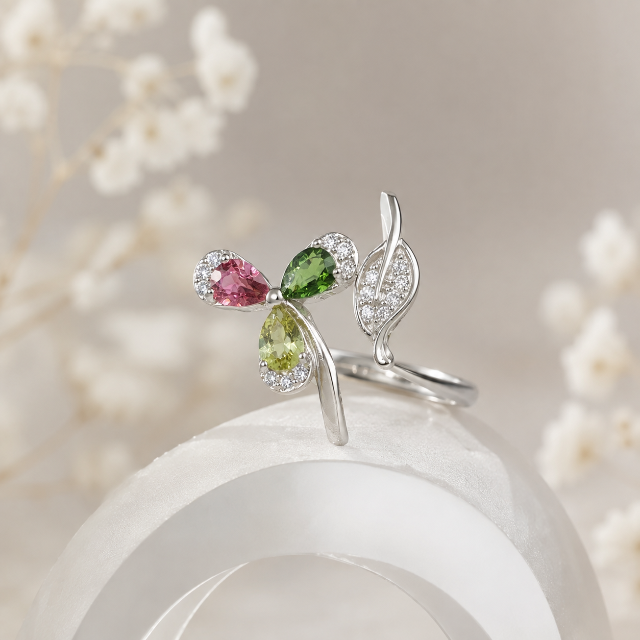 Natural Multicolor Tourmaline Three-Leaf Ring in 925 Sterling Silver, 3x4mm Gemstones