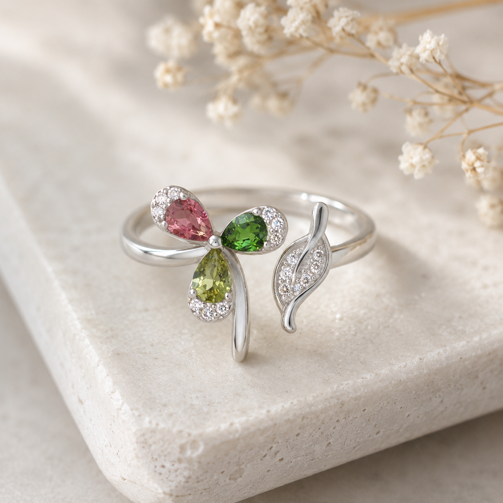Natural Multicolor Tourmaline Three-Leaf Ring in 925 Sterling Silver, 3x4mm Gemstones