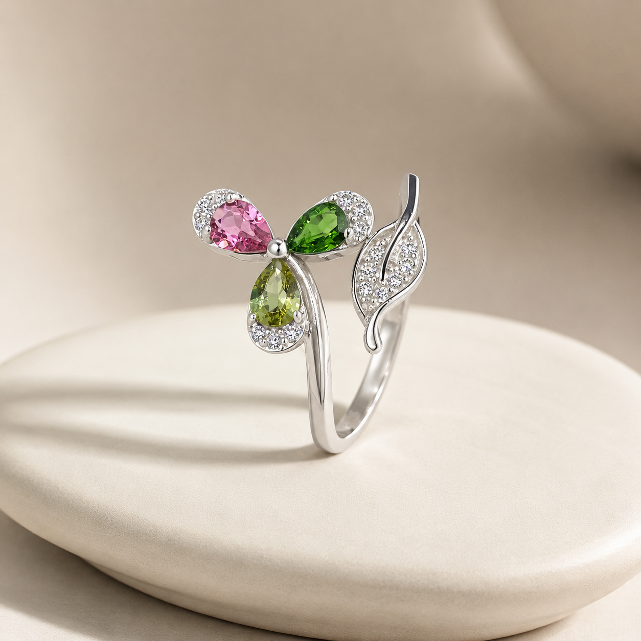 Natural Multicolor Tourmaline Three-Leaf Ring in 925 Sterling Silver, 3x4mm Gemstones