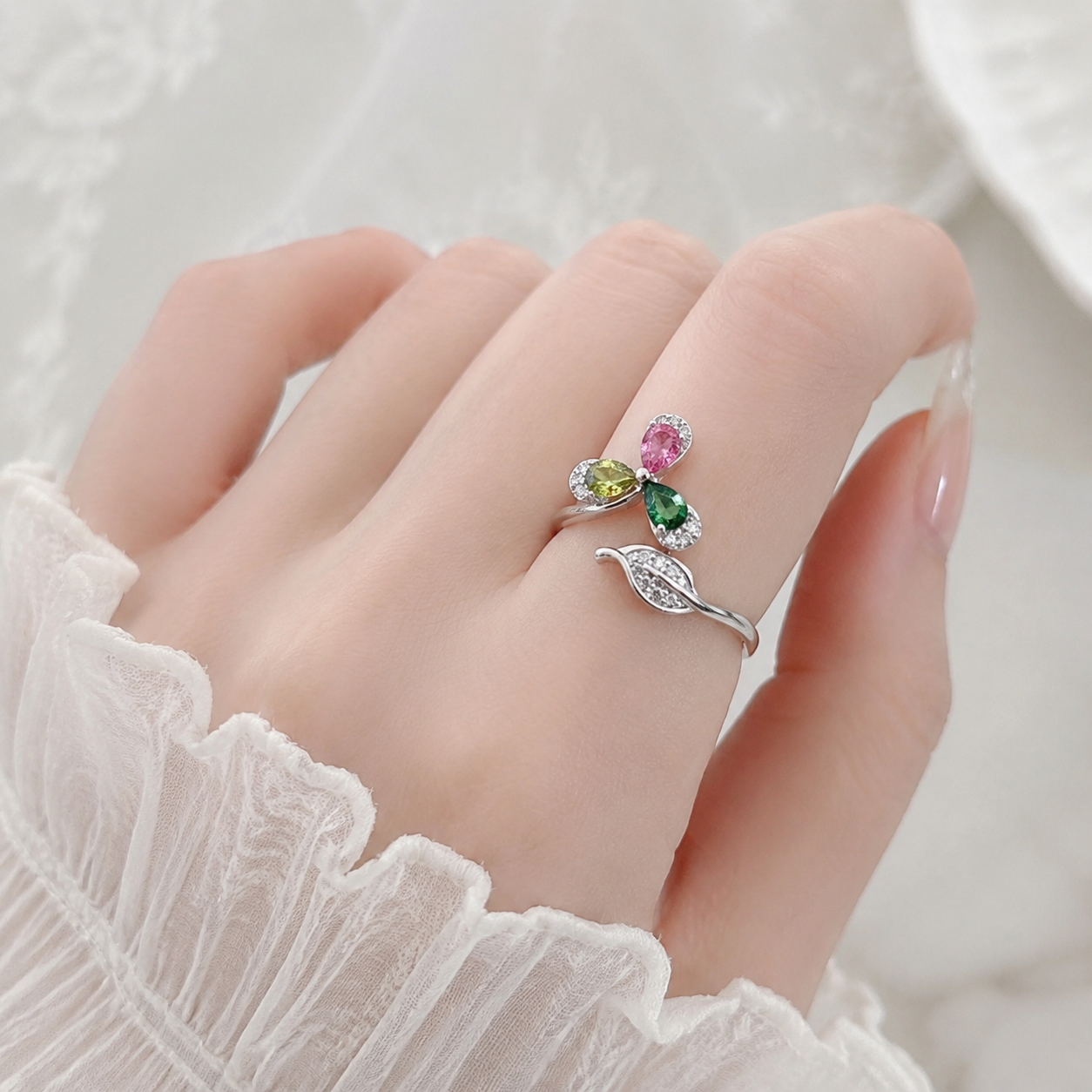 Natural Multicolor Tourmaline Three-Leaf Ring in 925 Sterling Silver, 3x4mm Gemstones