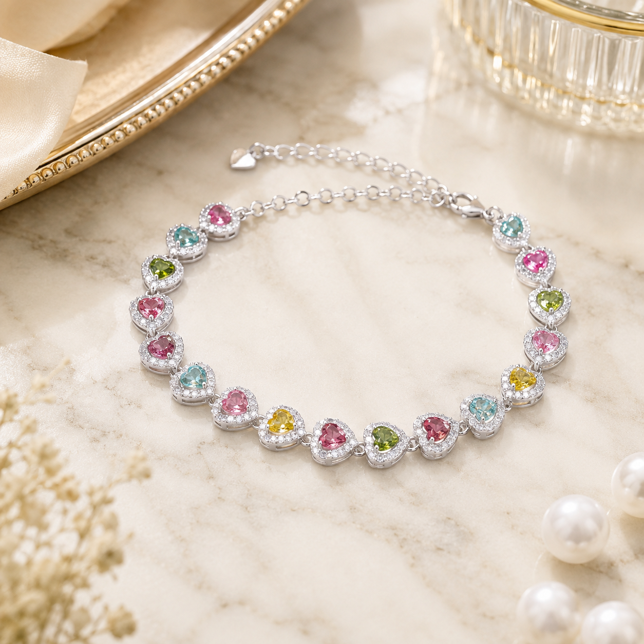 Natural Multicolor Tourmaline Heart Bracelet in 925 Sterling Silver, 4mm Gemstones