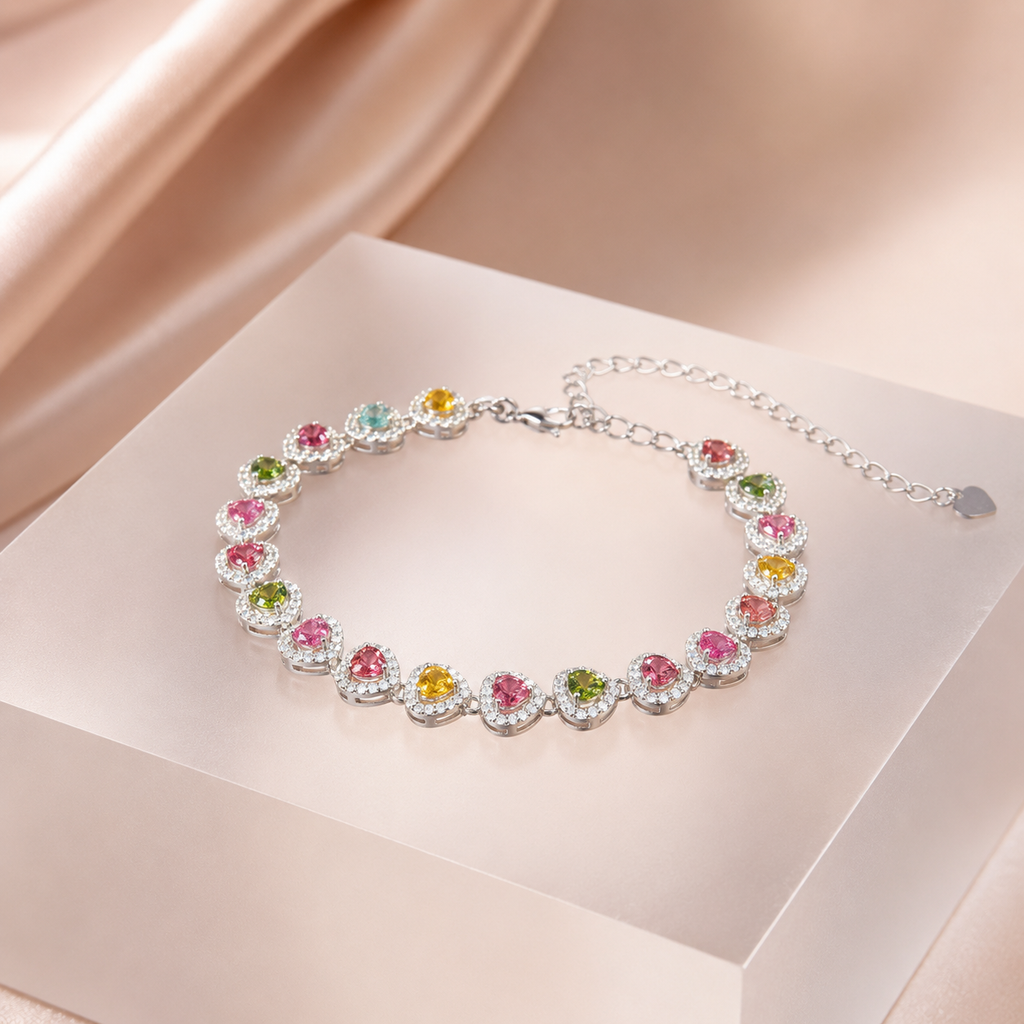 Natural Multicolor Tourmaline Heart Bracelet in 925 Sterling Silver, 4mm Gemstones
