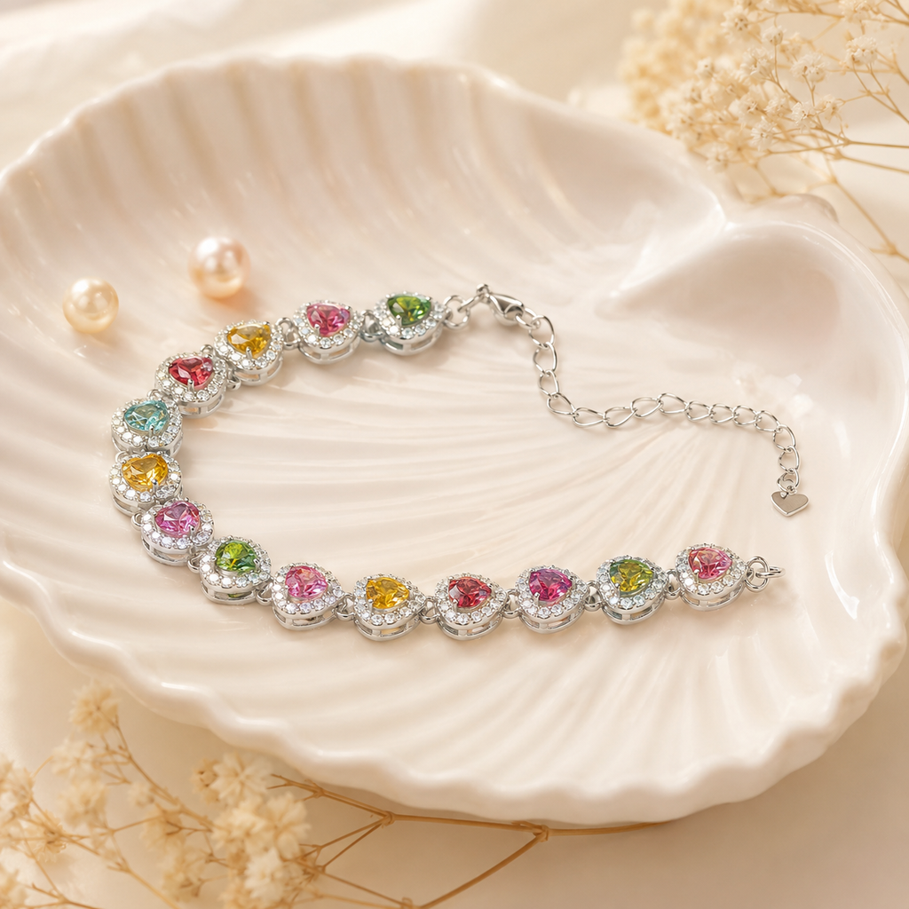 Natural Multicolor Tourmaline Heart Bracelet in 925 Sterling Silver, 4mm Gemstones