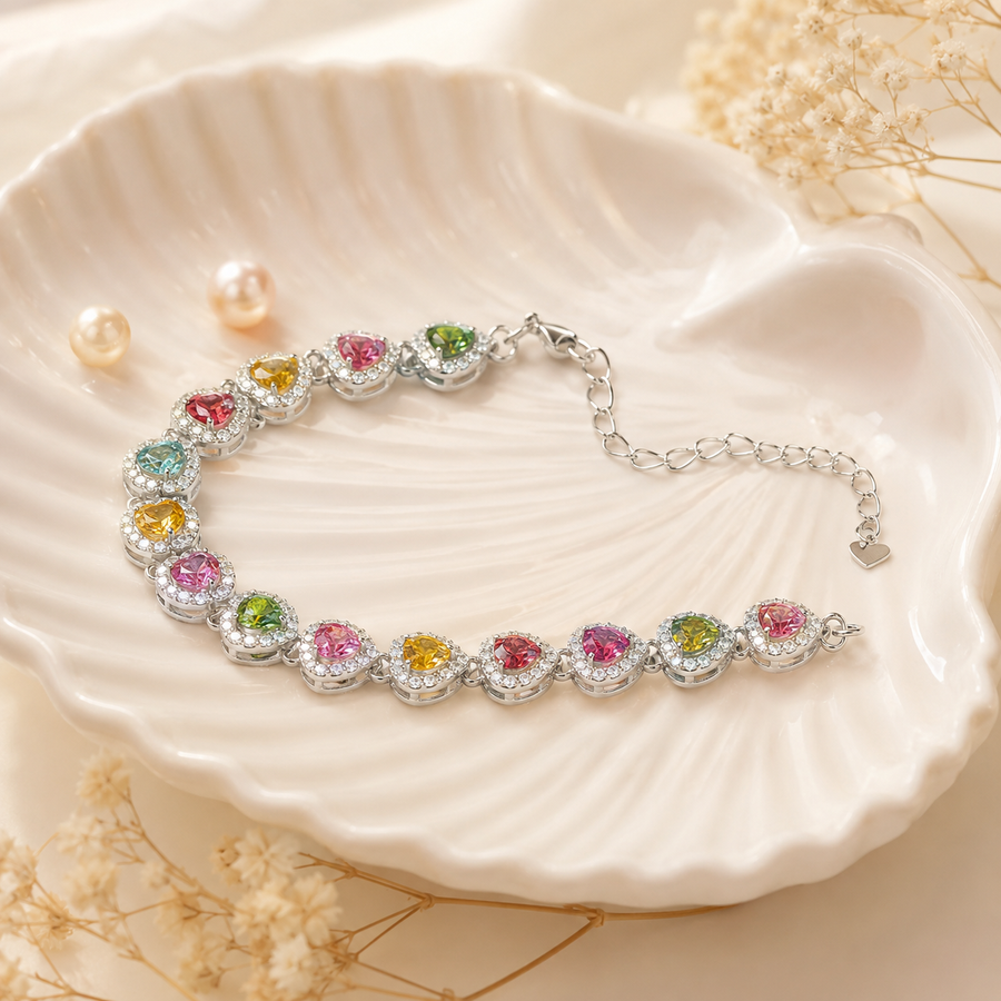 Natural Multicolor Tourmaline Heart Bracelet in 925 Sterling Silver, 4mm Gemstones