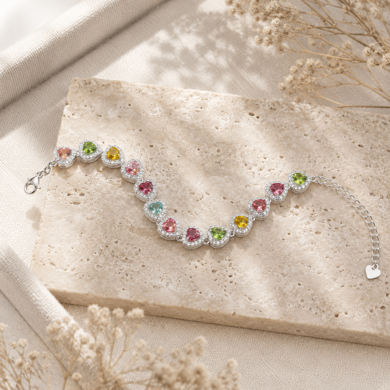 Natural Multicolor Tourmaline Heart Bracelet in 925 Sterling Silver, 4mm Gemstones