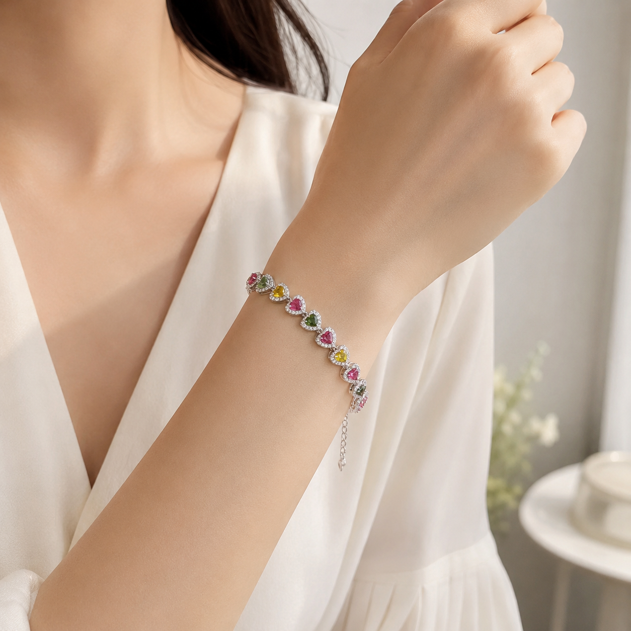 Natural Multicolor Tourmaline Heart Bracelet in 925 Sterling Silver, 4mm Gemstones