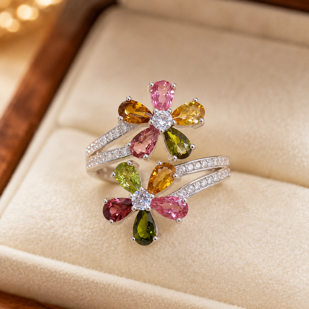 Natural Multicolor Tourmaline Double-Flower Ring in 925 Sterling Silver, 3x5mm Gemstones