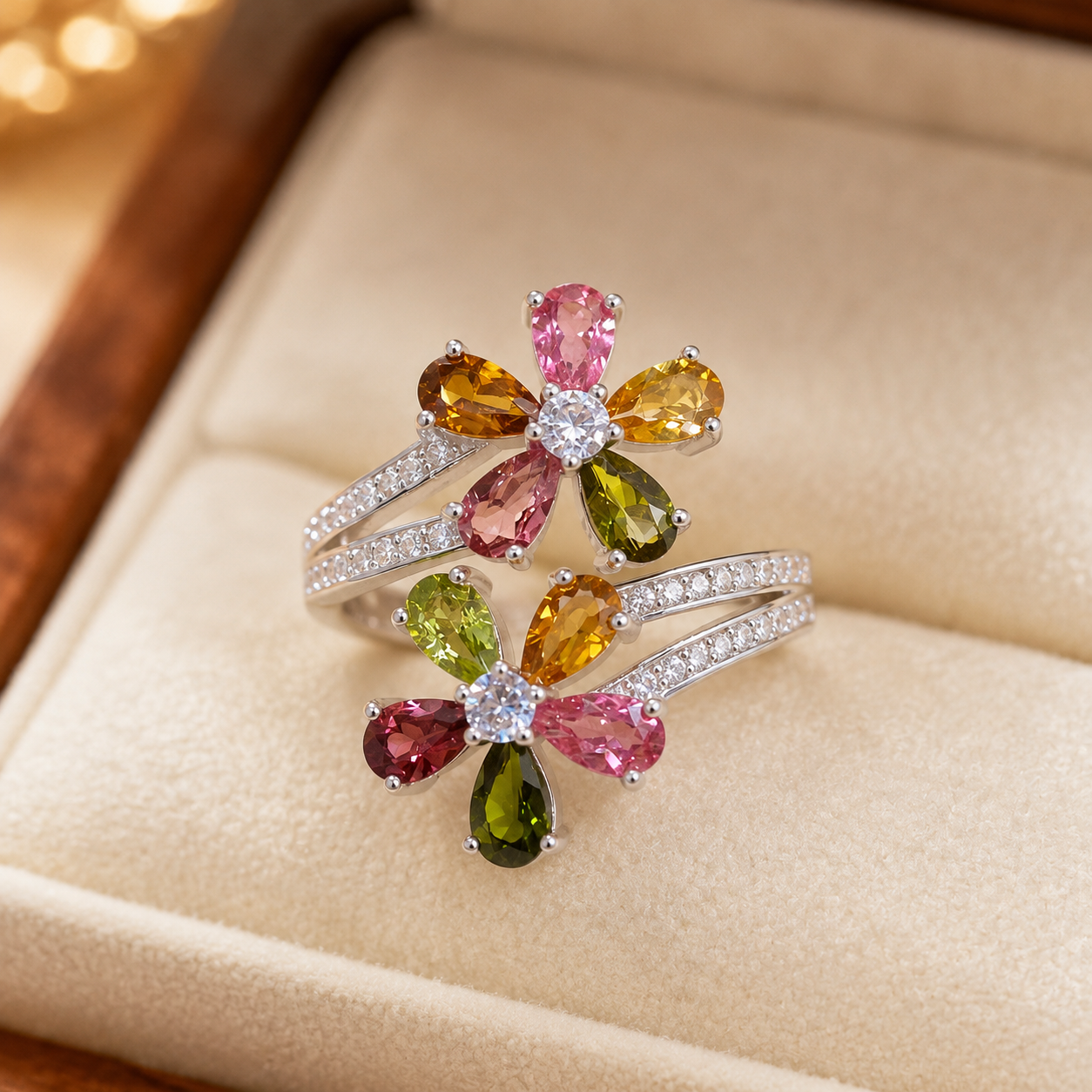 Natural Multicolor Tourmaline Double-Flower Ring in 925 Sterling Silver, 3x5mm Gemstones