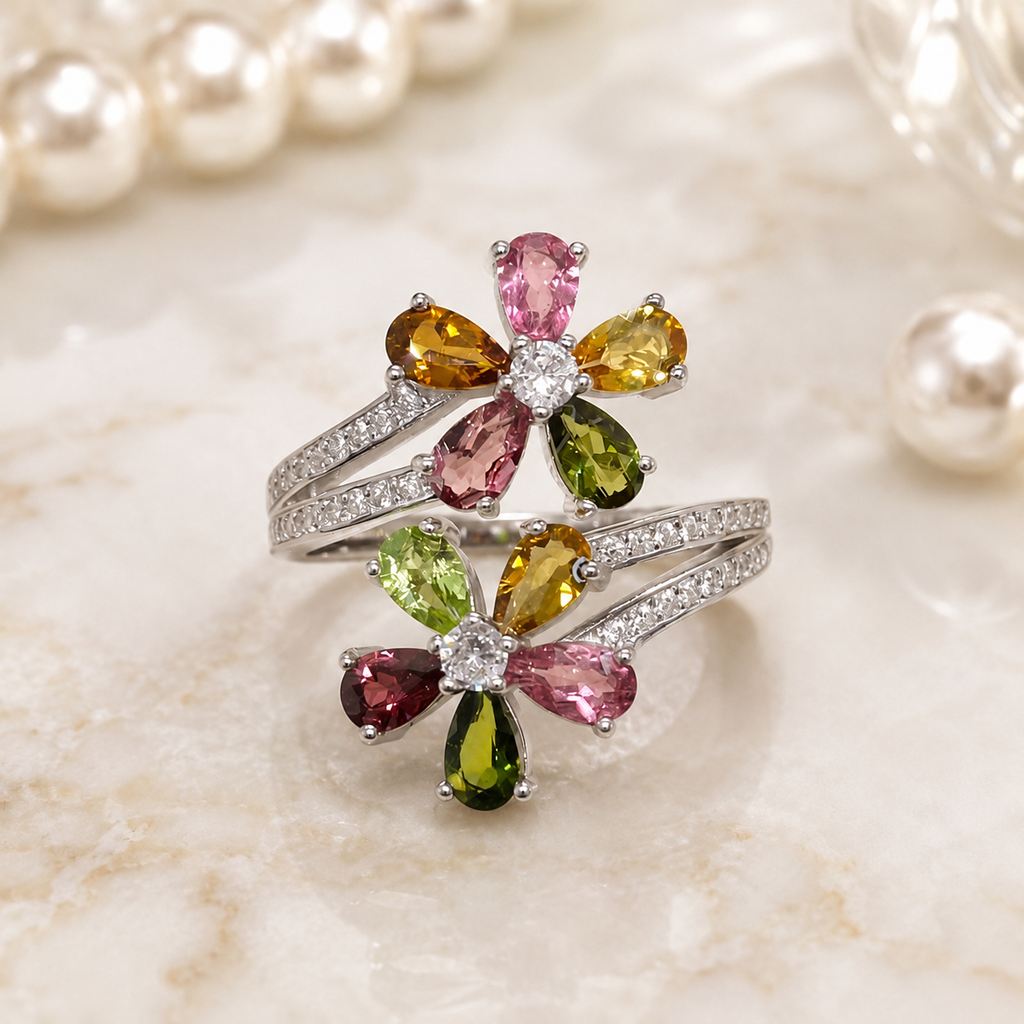 Natural Multicolor Tourmaline Double-Flower Ring in 925 Sterling Silver, 3x5mm Gemstones