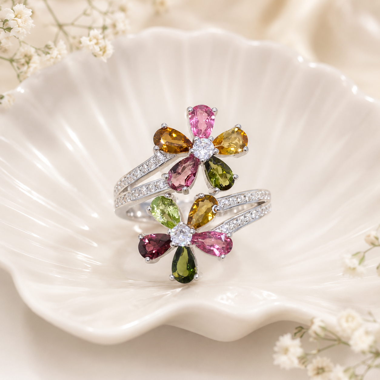 Natural Multicolor Tourmaline Double-Flower Ring in 925 Sterling Silver, 3x5mm Gemstones