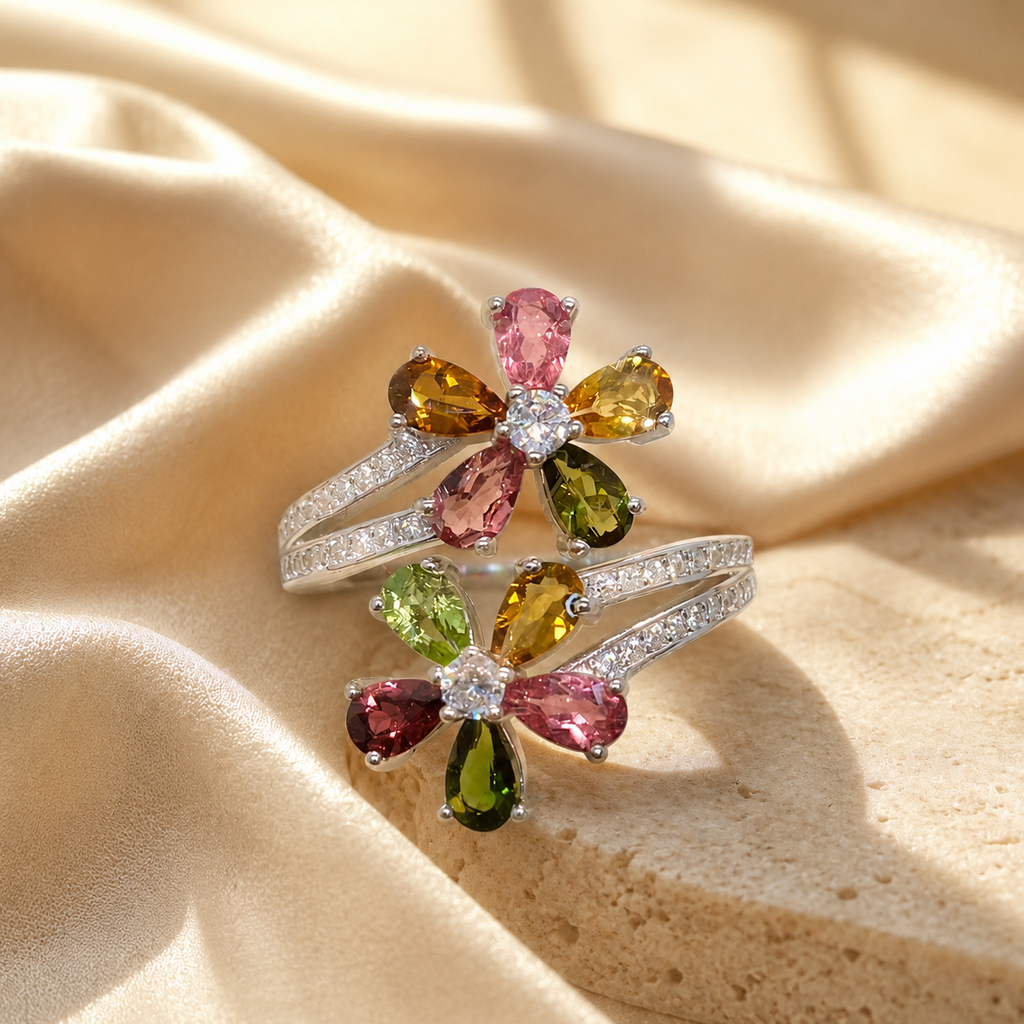 Natural Multicolor Tourmaline Double-Flower Ring in 925 Sterling Silver, 3x5mm Gemstones