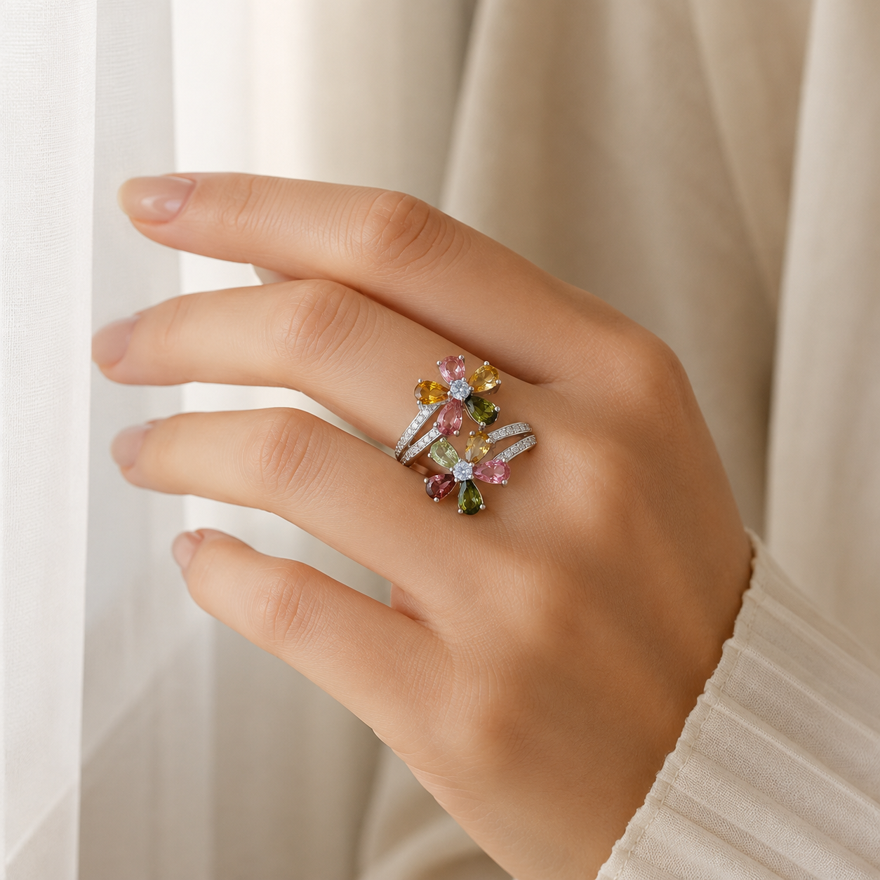 Natural Multicolor Tourmaline Double-Flower Ring in 925 Sterling Silver, 3x5mm Gemstones