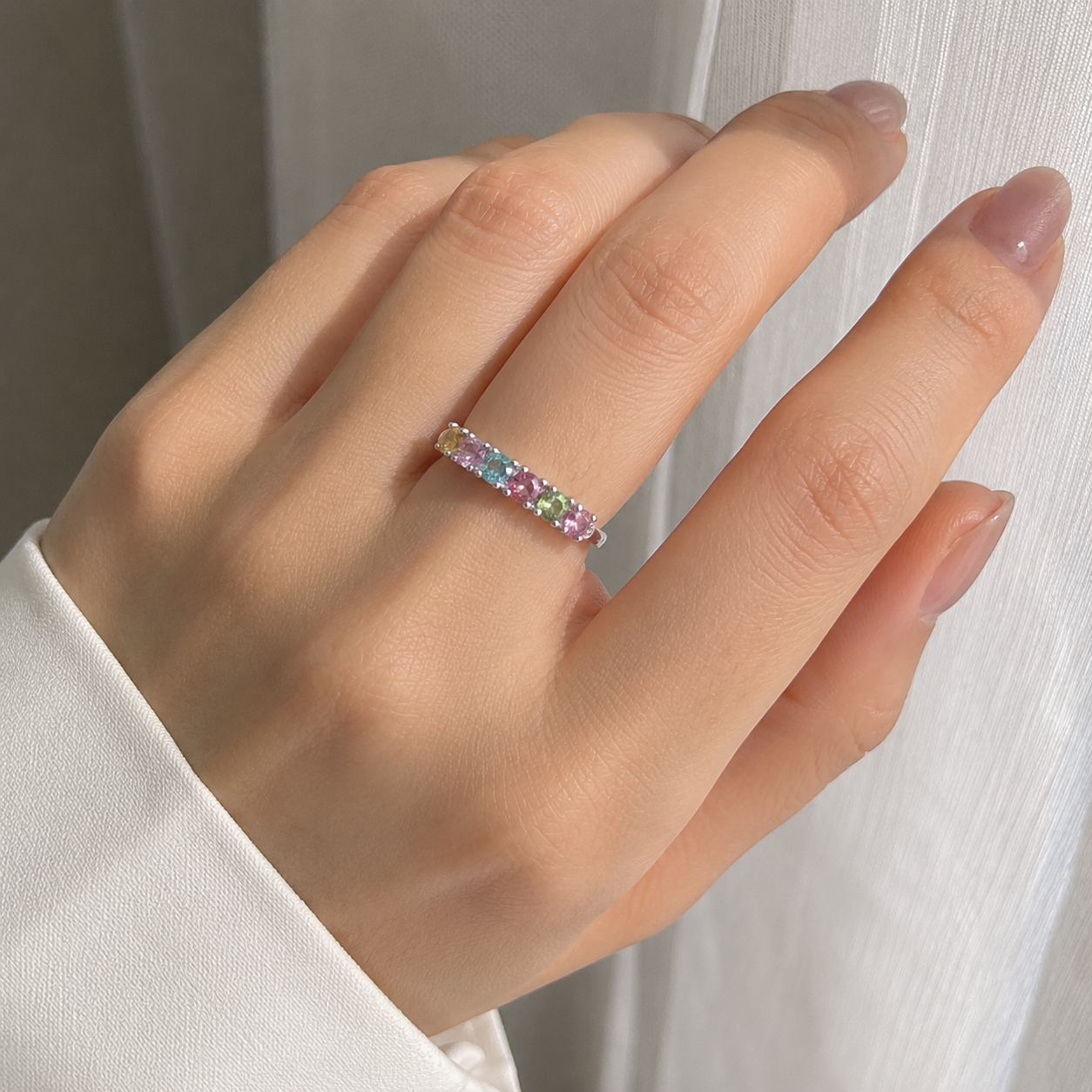 Natural Multicolor Tourmaline Band Ring in 925 Sterling Silver, 3mm Gemstones