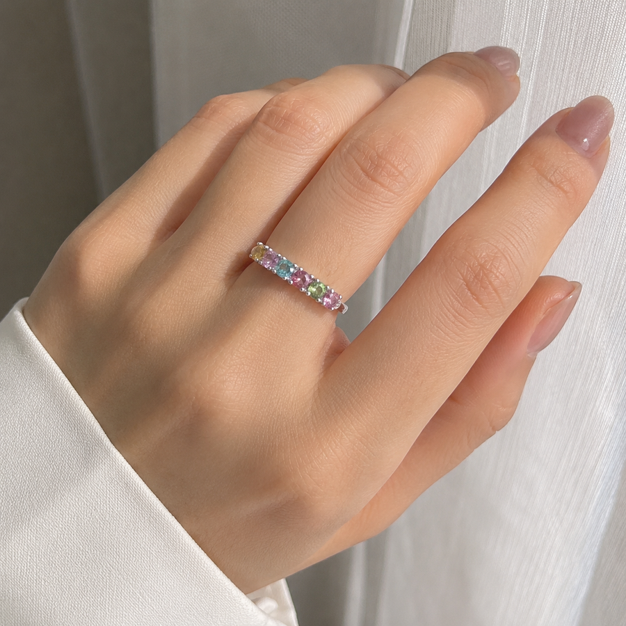 Natural Multicolor Tourmaline Band Ring in 925 Sterling Silver, 3mm Gemstones