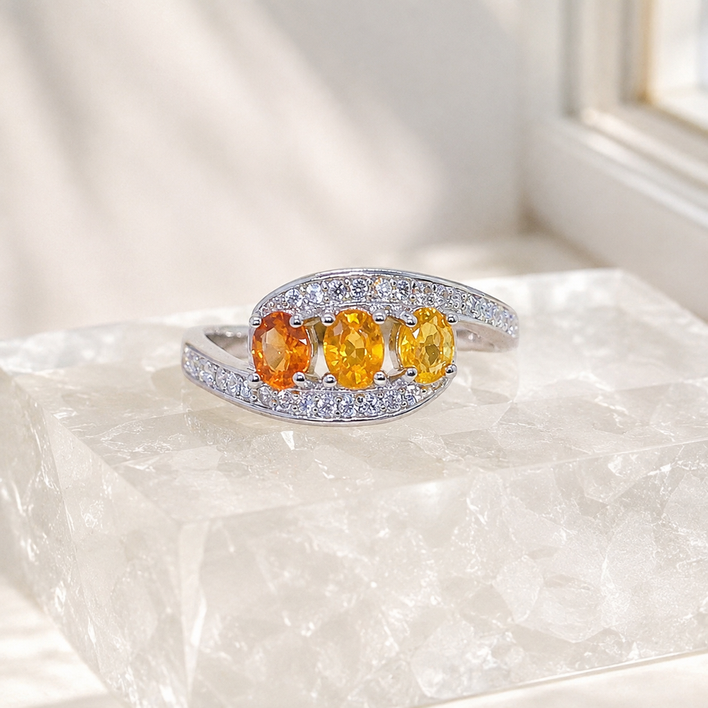Natural Fancy-Color Sapphire Trilogy Ring in 925 Sterling Silver, 3x4mm Gemstones