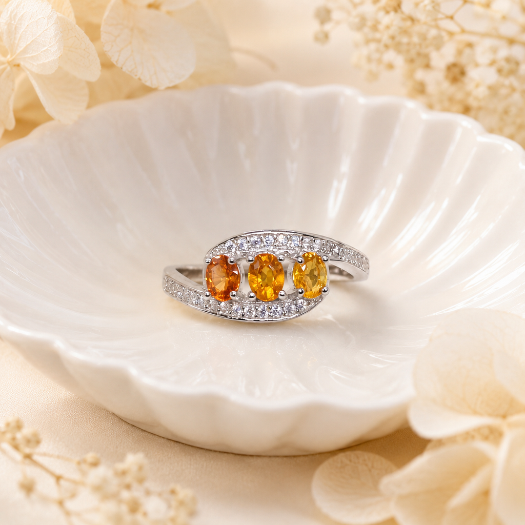 Natural Fancy-Color Sapphire Trilogy Ring in 925 Sterling Silver, 3x4mm Gemstones
