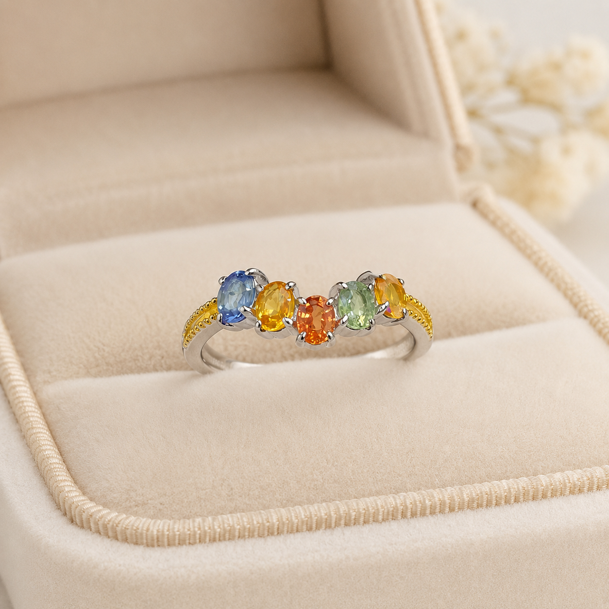 Natural Fancy-Color Sapphire Five-Stone Ring in 925 Sterling Silver, 3x4mm Gemstones