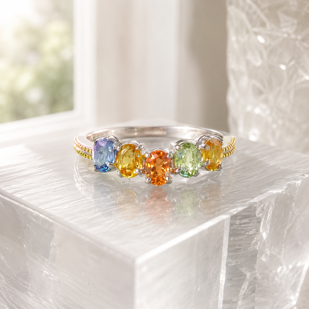 Natural Fancy-Color Sapphire Five-Stone Ring in 925 Sterling Silver, 3x4mm Gemstones