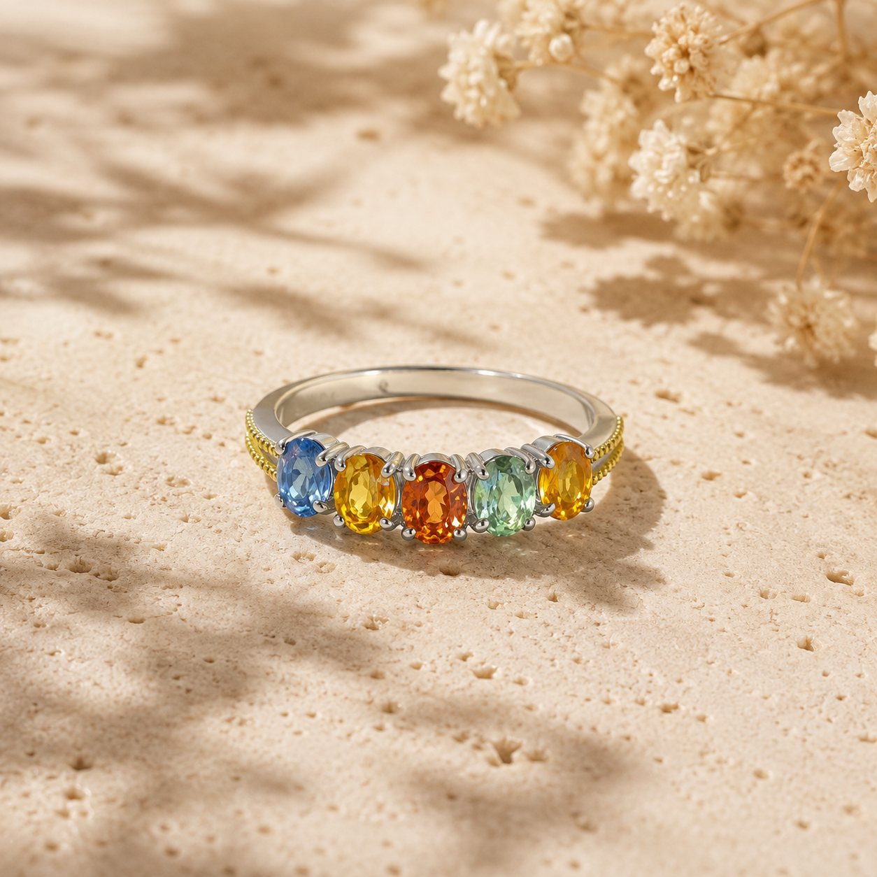 Natural Fancy-Color Sapphire Five-Stone Ring in 925 Sterling Silver, 3x4mm Gemstones