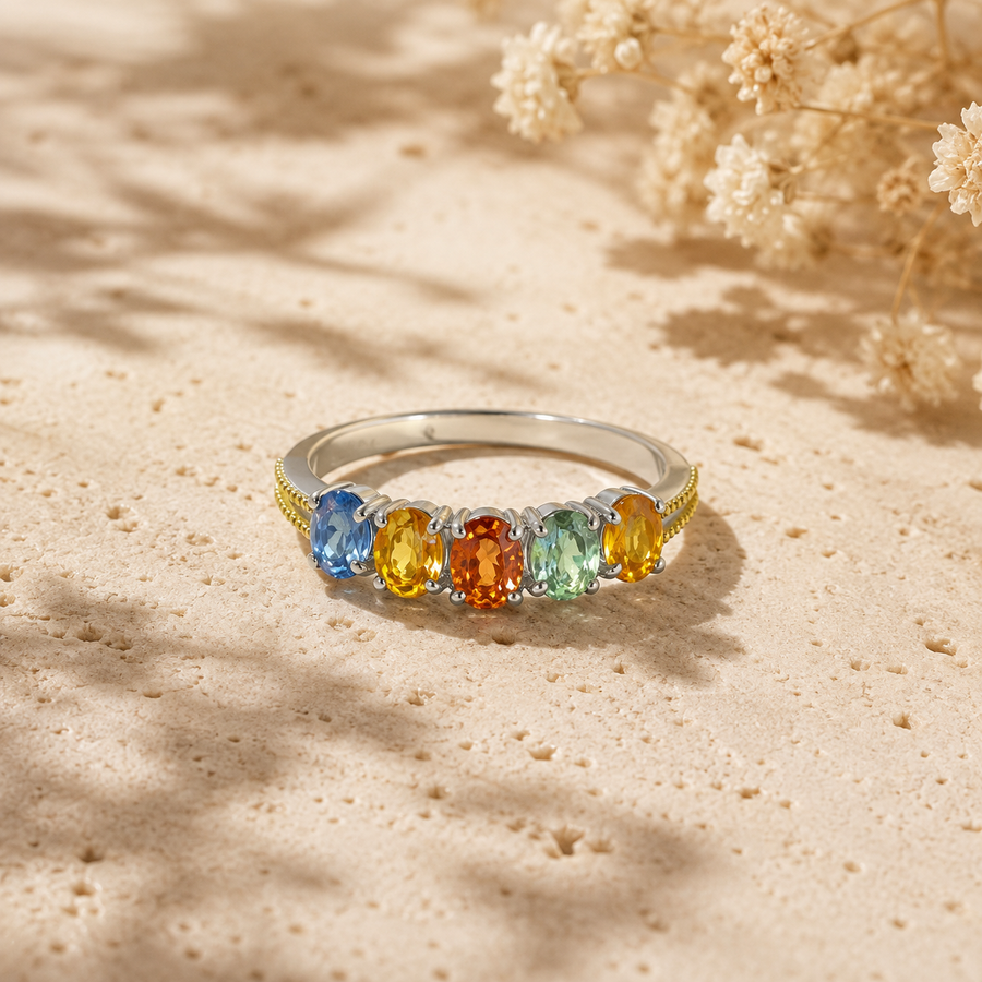 Natural Fancy-Color Sapphire Five-Stone Ring in 925 Sterling Silver, 3x4mm Gemstones
