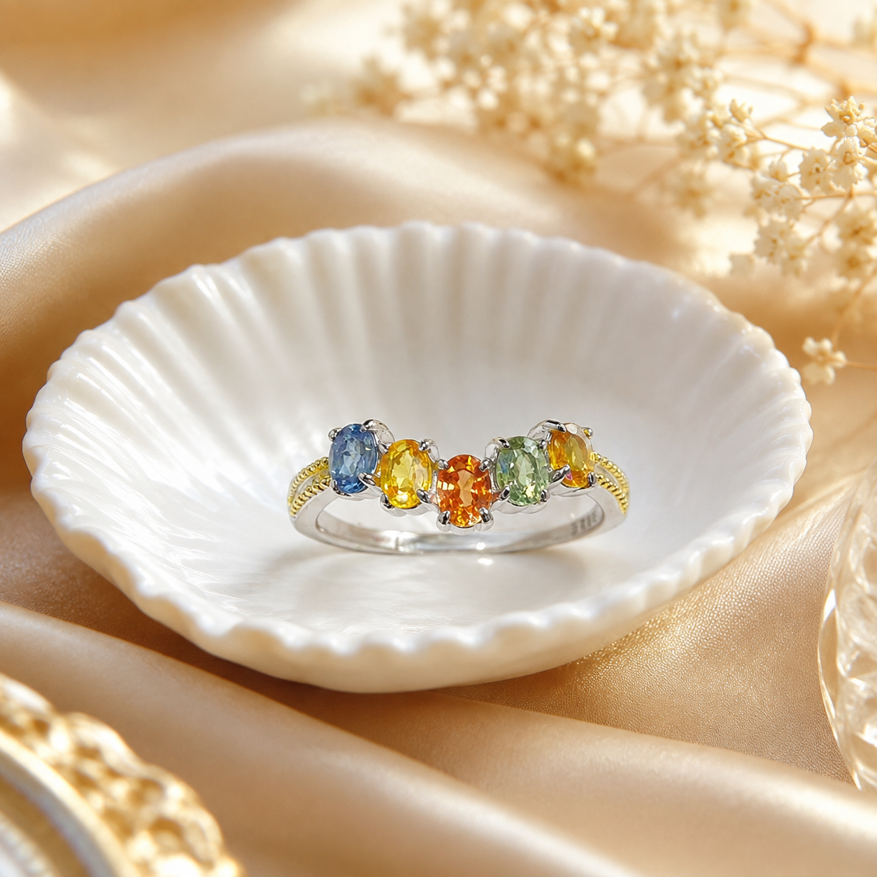 Natural Fancy-Color Sapphire Five-Stone Ring in 925 Sterling Silver, 3x4mm Gemstones
