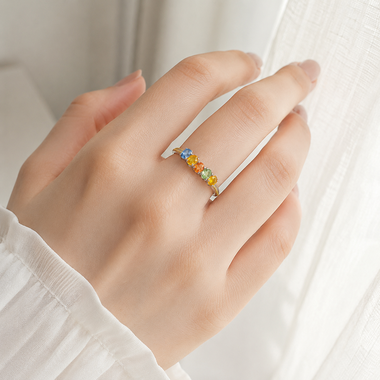Natural Fancy-Color Sapphire Five-Stone Ring in 925 Sterling Silver, 3x4mm Gemstones