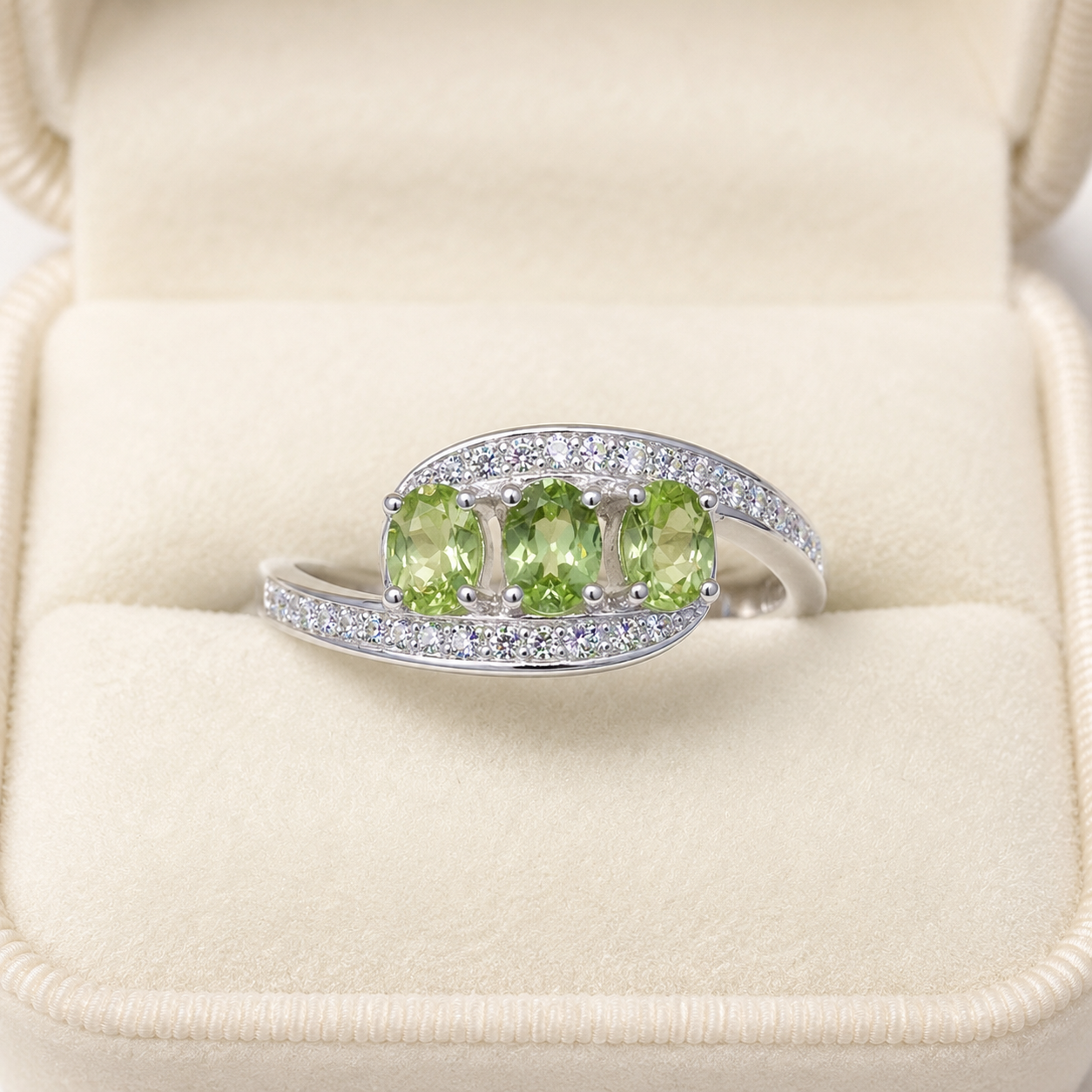 Natural Peridot Trilogy Ring in 925 Sterling Silver, 3x4mm Gemstones