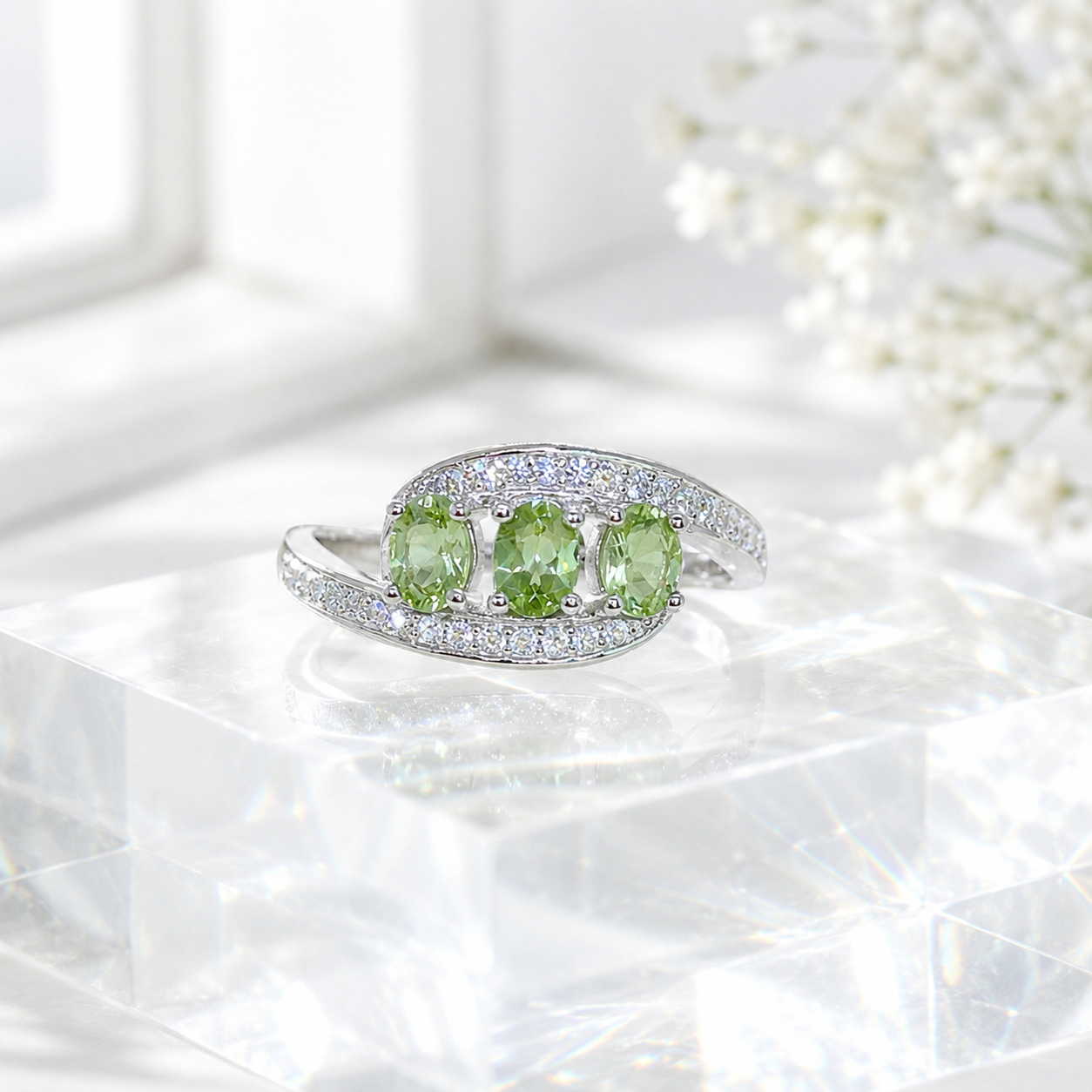 Natural Peridot Trilogy Ring in 925 Sterling Silver, 3x4mm Gemstones