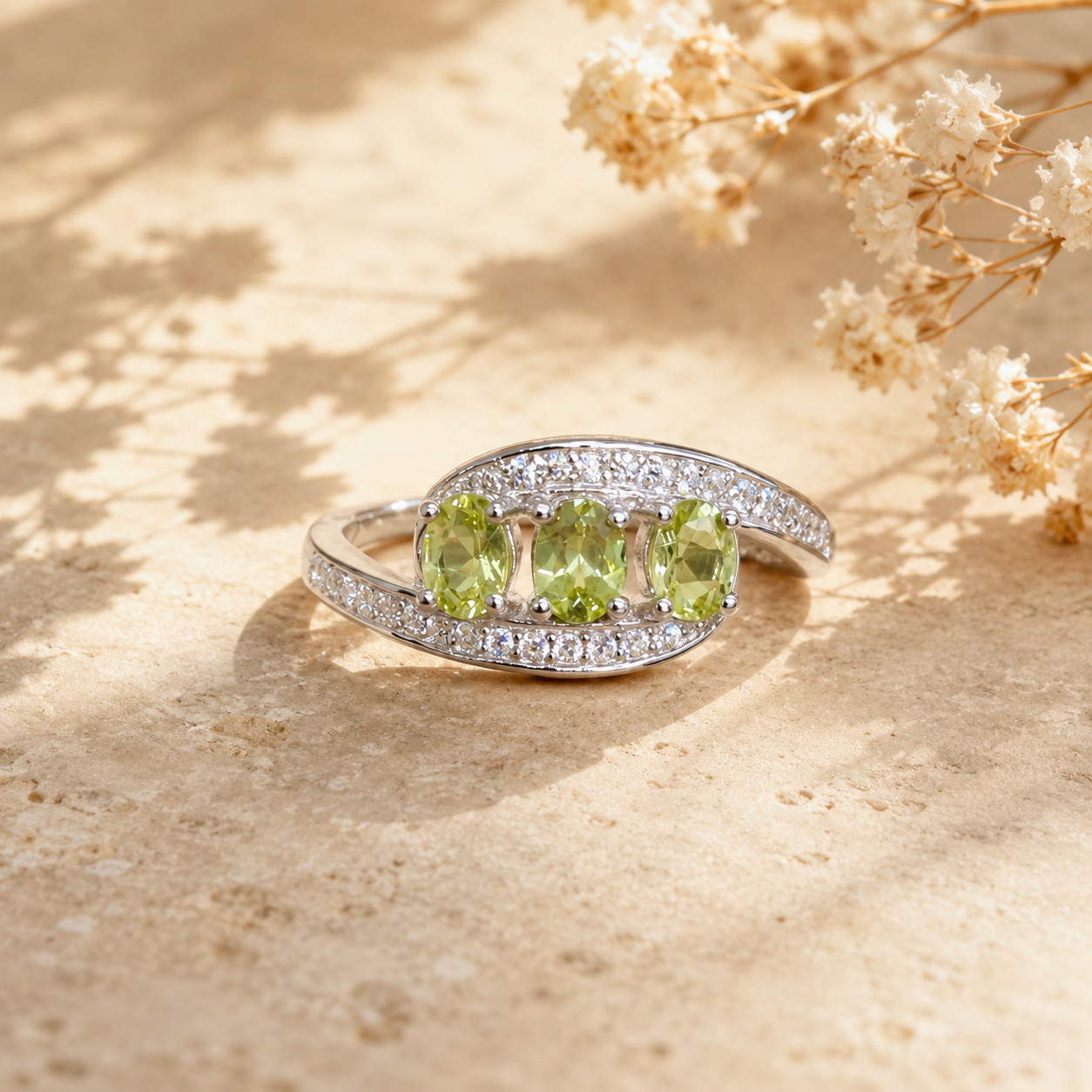 Natural Peridot Trilogy Ring in 925 Sterling Silver, 3x4mm Gemstones