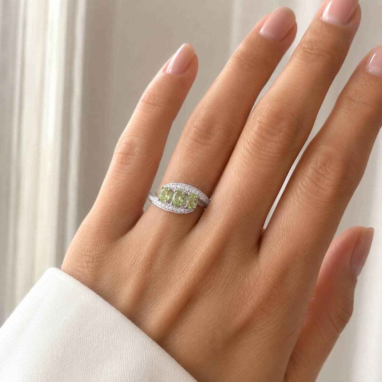 Natural Peridot Trilogy Ring in 925 Sterling Silver, 3x4mm Gemstones
