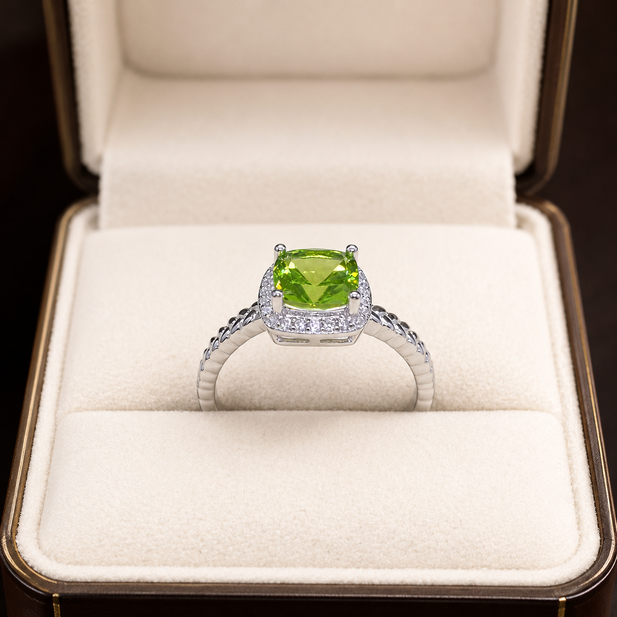 Natural Peridot Statement Ring in 925 Sterling Silver, 7mm Cushion-Cut Gemstone