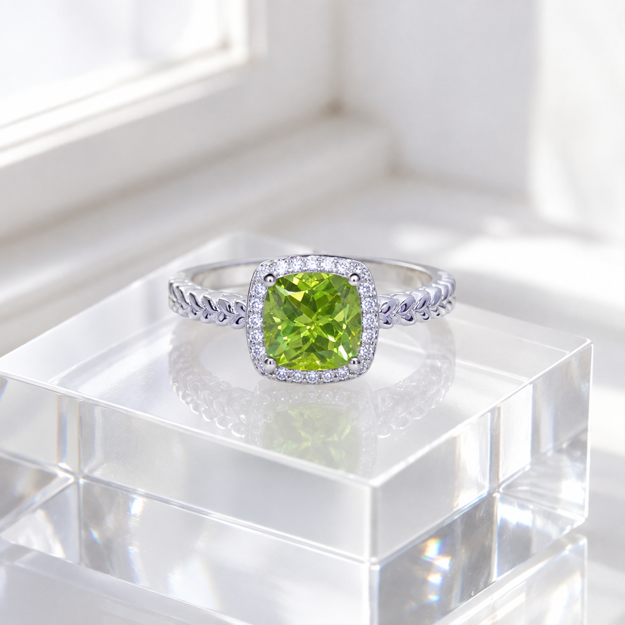 Natural Peridot Statement Ring in 925 Sterling Silver, 7mm Cushion-Cut Gemstone