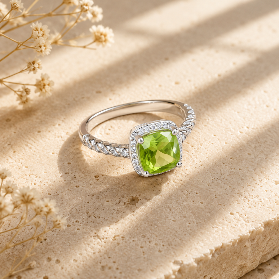 Natural Peridot Statement Ring in 925 Sterling Silver, 7mm Cushion-Cut Gemstone