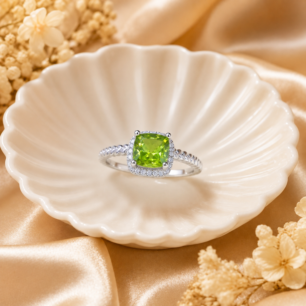 Natural Peridot Statement Ring in 925 Sterling Silver, 7mm Cushion-Cut Gemstone