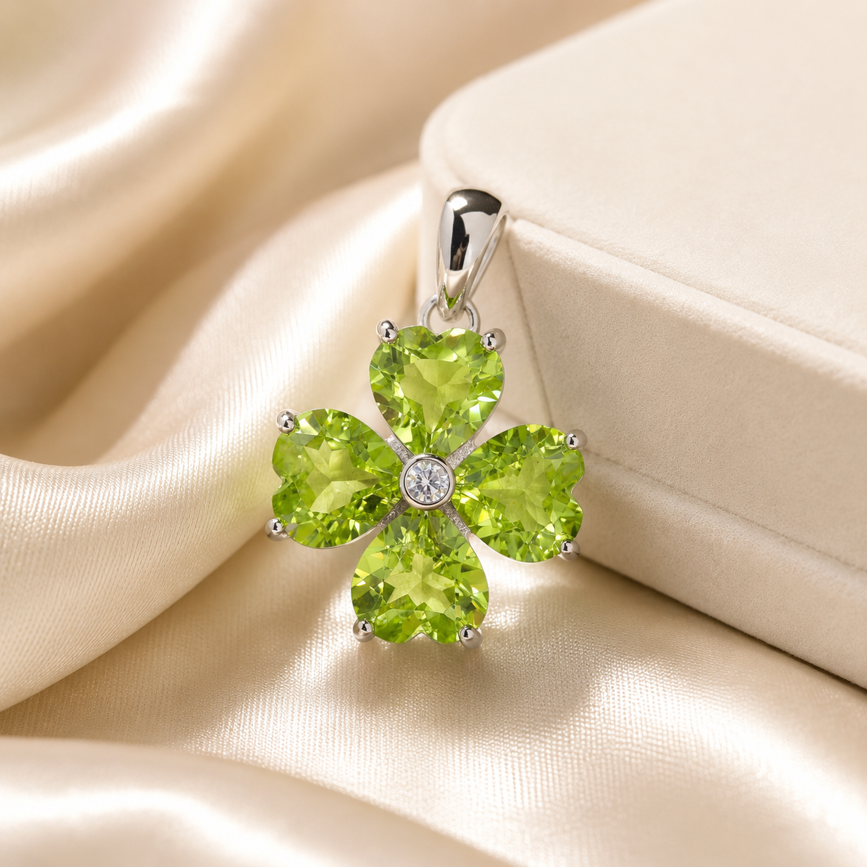 Natural Peridot Four-Leaf Clover Pendant in 925 Sterling Silver, 6mm Heart-Cut Gemstones