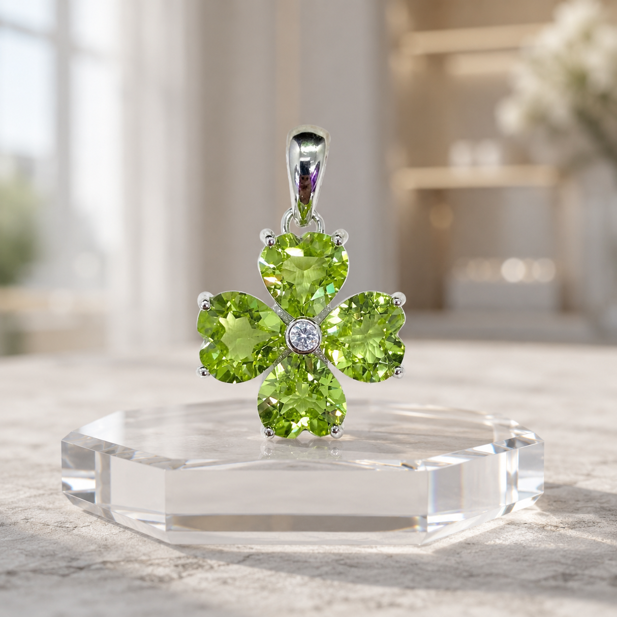 Natural Peridot Four-Leaf Clover Pendant in 925 Sterling Silver, 6mm Heart-Cut Gemstones